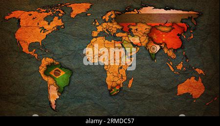 BRICS member countries and candidates flags on political world map with national borders Stock Photo