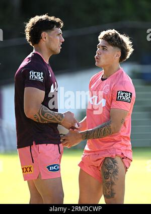 Brisbane, Australia. 28th Aug, 2023. Reece Walsh in action during an NRL  Brisbane Broncos training session at Clive Berghofer Field in Brisbane,  Monday, August 28, 2023. (AAP Image/Darren England) NO ARCHIVING Credit: