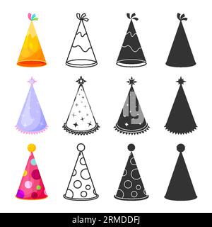 Holiday party cone cap hat triangle flat line glyph silhouette set. Editable stroke outline sticker colorful party headdress cartoon yellow purple wizard star magic red clown in dot fringe isolated Stock Vector