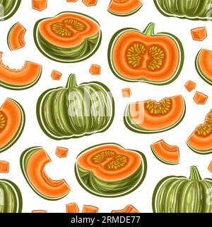 Vector Kabocha Seamless Pattern, repeat background with cut out illustrations of ripe whole and chopped green pumpkins for wrapping paper, square post Stock Vector