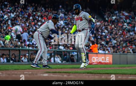 August 27 2023 San Francisco CA, U.S.A. Atlanta designated hitter Marcell Ozuna (20)hit a two run homers during the MLB game between the Atlanta Braves and the San Francisco Giants. San Francisco beat Atlanta 8-5 at Oracle Park San Francisco Calif. Thurman James/CSM Stock Photo