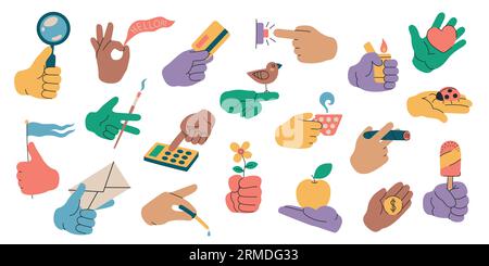 Hands holding objects. Human arm with various stuff, cartoon hand showing gesture and using daily cary tools and items. Vector set Stock Vector