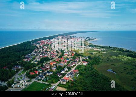 Birds eye view of sea landscape with sandy beach and Jastarnia city on Hel peninsula. Baltic Sea coast in Poland. Resort town in the summer season Stock Photo