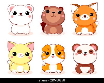 Set of cute little cartoon animals in kawaii style. Collection of lovely animal baby. Funny dog, cat, panda, beaver, fox, polar bear. Vector illustrat Stock Photo