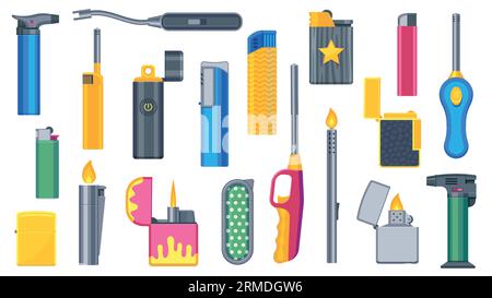 Lighters set. Cartoon disposable and reusable lighters icons, flammable fuel ignition equipment, burn cigarette plastic and gas. Vector isolated Stock Vector