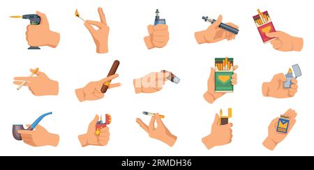 Hands with cigarettes. Cartoon men and women holding e-cigarette devices, modern electronic cigarette concept with vape liquid and vapor. Vector flat Stock Vector