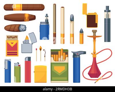 Smoker addiction collection. Cartoon cigarette, cigar and hookah with fire, tobacco and smoke accessories, habit product icons. Vector isolated set Stock Vector