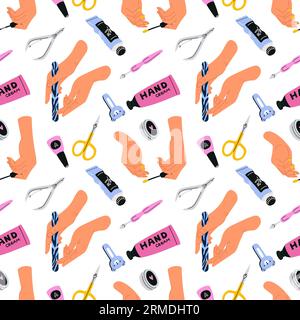 Manicure tools seamless pattern. Well groomed female hands. Nail file and scissors. Colored varnish application. Beauty salon. Arm skin care. Cosmetic Stock Vector
