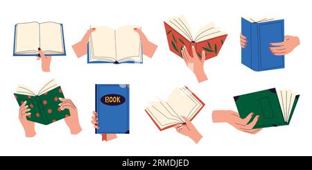 Hands holding books. Group of people reading together, education and learning concept. Vector illustration of people reading and sharing Stock Vector