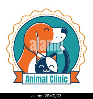 Pet Vet Animal Clinic Circle Emblem in Line Art Stock Vector