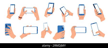 Hands holding phones. Smartphone mobile devices with touchscreen, cartoon palms with fingers using electronic gadgets with empty screens. Vector Stock Vector