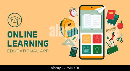 Online learning application on smartphone and school equipment, banner with copy space Stock Vector
