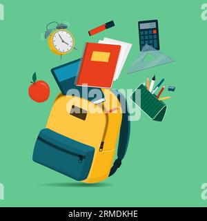 Colorful school equipment falling in an open backpack, back to school and education concept Stock Vector