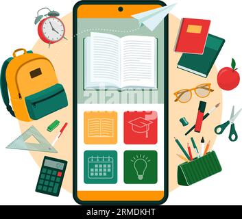 Online learning application on smartphone and school equipment, banner with copy space Stock Vector