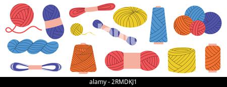 Wool and spool collection. Cartoon handmade spool with thread yarn, colorful handmade textile equipment for sewing. Vector knitting and sewing set Stock Vector