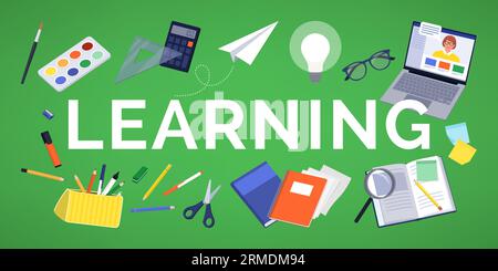 Learning text surrounded by school supplies, back to school and education concept Stock Vector