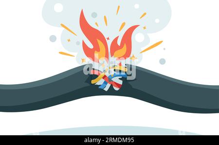Cable short circuit. Electric wiring problem with damaged insulation, electric cable overload, fire hazard and smoke. Vector emergency isolated Stock Vector