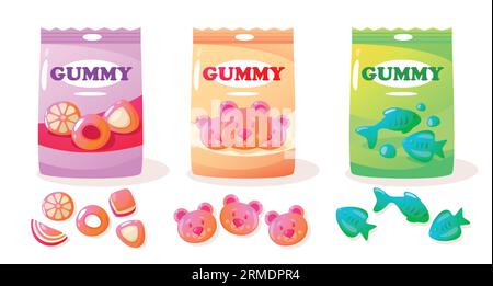 Jelly gum pack. Cartoon colorful sweet gummy bears, various assortment of colorful sweet fruit snack for kids. Vector colorful set Stock Vector