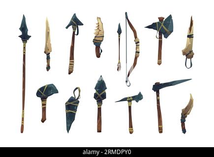 Prehistoric weapon. Cartoon primitive caveman wooden tools, prehistoric age traditional hunting weapon set, ancient hand axe spear and torch. Vector Stock Vector