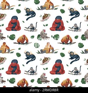 Monkey pattern. Seamless tropical print with funny jungle primate characters, endless backdrop with different species of apes. Vector cartoon texture Stock Vector