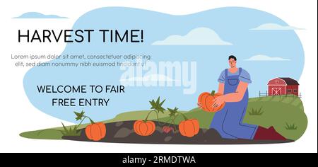Farmer at work, agricultural worker harvesting crops. Pumpkin harvesting. Life in farm, beautiful landscape. Web banner Flat vector illustration Stock Vector