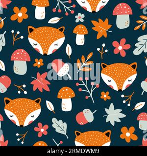 Gorgeous autumn seamless pattern with cute fox and leafs on background. Backdrop with funny cartoon forest animal. Stock Vector