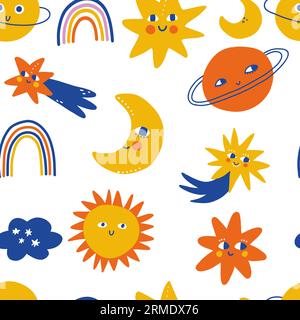 Childish hand-drawn seamless repeating color simple flat pattern with different planets and stars on a white background. Seamless pattern with planets Stock Vector