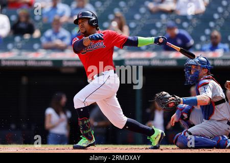 CLEVELAND, OH - AUGUST 24: Cleveland Guardians third baseman Jose Ramirez (11) bats during game one of a doubleheader against the Los Angeles Dodgers on August 24, 2023 at Progressive Field in Cleveland, Ohio.(Joe Robbins/Image of Sport) Stock Photo