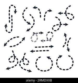 arrow and direction vector set with dashed line style. It use black olor. Stock Vector