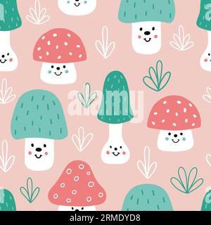 Childish hand-drawn seamless repeating color simple flat pattern with with mushrooms on a pink background. Stock Vector