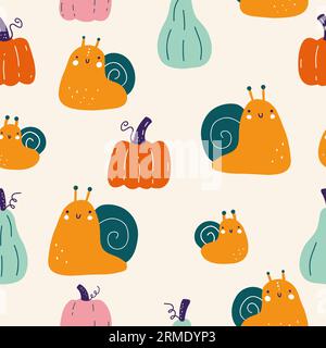 Seamless fall pattern with cute snail and pumpkins on white background. Repeating texture of autumn harvest. Colored hand-drawn vector illustration Stock Vector