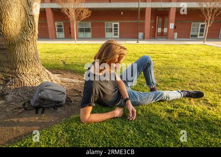 Young man reclining on grass under tree, brick building in background Stock Photo