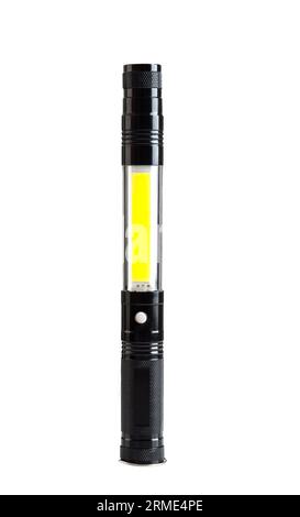 Мodern black metal LED flashlight isolated on white background. Lighting fixture Stock Photo