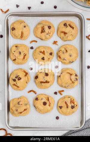 Chocolate Chip Pretzel Cookies on Baking Tray Stock Photo