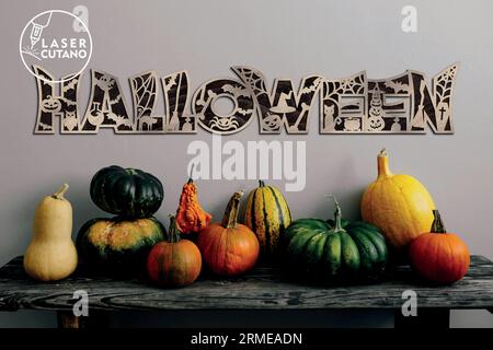 HALLOWEEN Digital multilayer layout files are specially prepared for the laser cut. The product of a Halloween sign could be a decorative design. Stock Vector