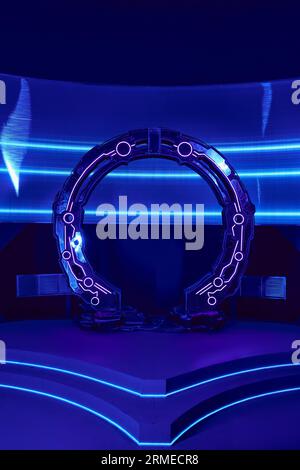 arch-shaped neon-lit equipment in innovative science center, futuristic concept Stock Photo