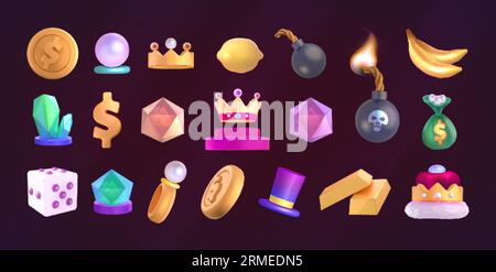 Casino icon collection. Cartoon set of slot game icons. Diamond, gemstones, dollars, fruits, dice and lucky symbols isolated on dark background. Gambling machine badge kit. Online vegas lottery asset. Stock Vector