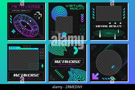 Retrofuturistic posts with abstract 3d wireframes geometry objects from line grid. Geometric shapes silhouette in vaporwave style. Design figures in perspective view. Vector outline illustration set Stock Vector