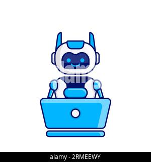 Robot character work with laptop vector illustration. Cute Cartoon Robot Illustration Design Stock Vector
