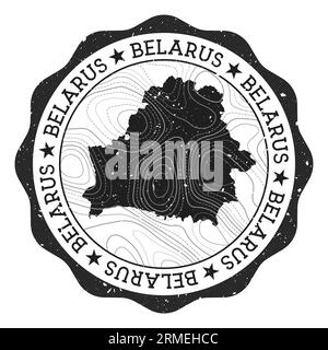 Belarus outdoor stamp. Round sticker with map of country with topographic isolines. Vector illustration. Stock Vector