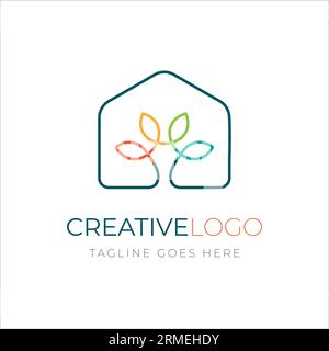 Home Leaf Logo Design Template, nature green natural growth concept logo linear design. Stock vector illustration isolated on white background. Stock Vector