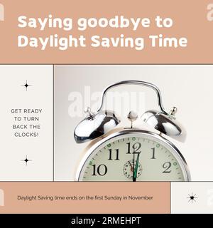 Alarm clock and saying goodbye to daylight saving time, get ready to turn back the clocks text Stock Photo