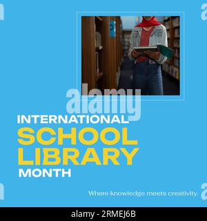 Midsection of biracial woman reading book in library and international school library month text Stock Photo