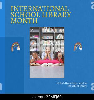 Composite of international school library month text and diverse teacher and girls reading books Stock Photo