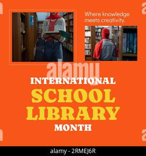 Biracial woman in hijab reading book in library and international school library month text Stock Photo