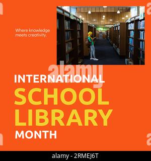 Biracial woman in hijab leaning on bookshelf at library and international school library month text Stock Photo