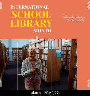 Biracial woman in hijab using smartphone in library and international school library month text Stock Photo