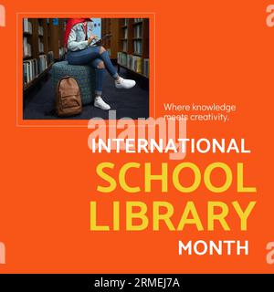 Low section of biracial woman using tablet in library and international school library month text Stock Photo