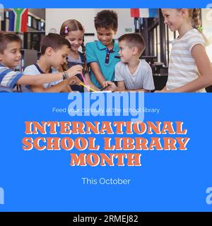 This october, international school library month text and diverse students in studying library Stock Photo