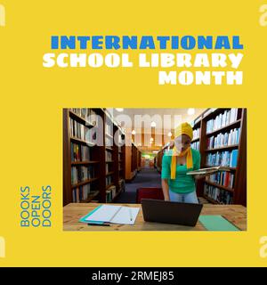 Composite of international school library month text, biracial woman in hijab with book using laptop Stock Photo